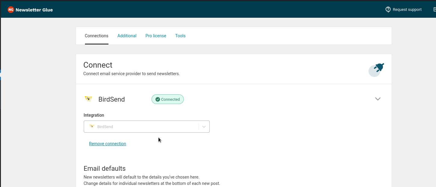 BirdSend successfully connected in Newsletter Glue