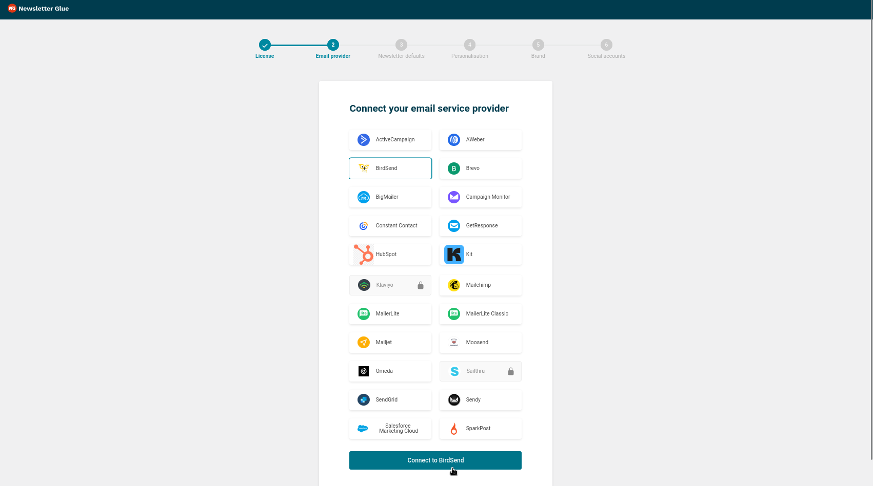 Connecting BirdSend from the onboarding wizard