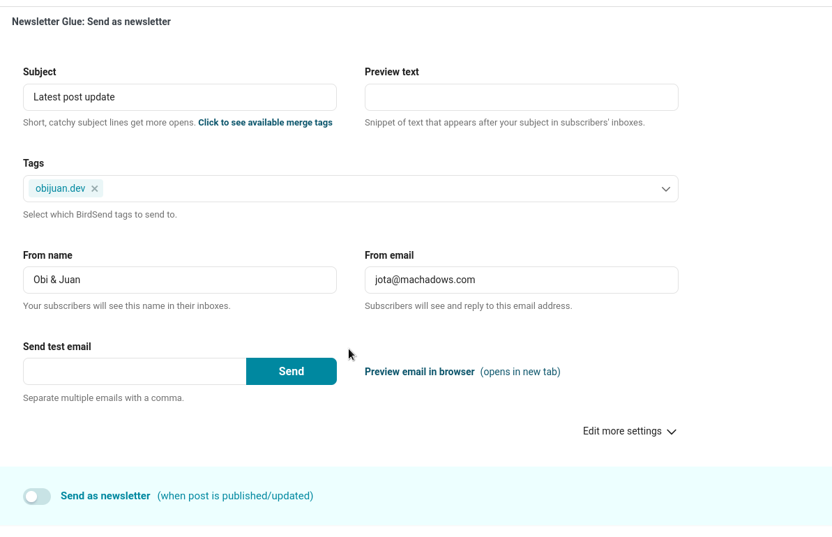 The Send as newsletter meta box with BirdSend options