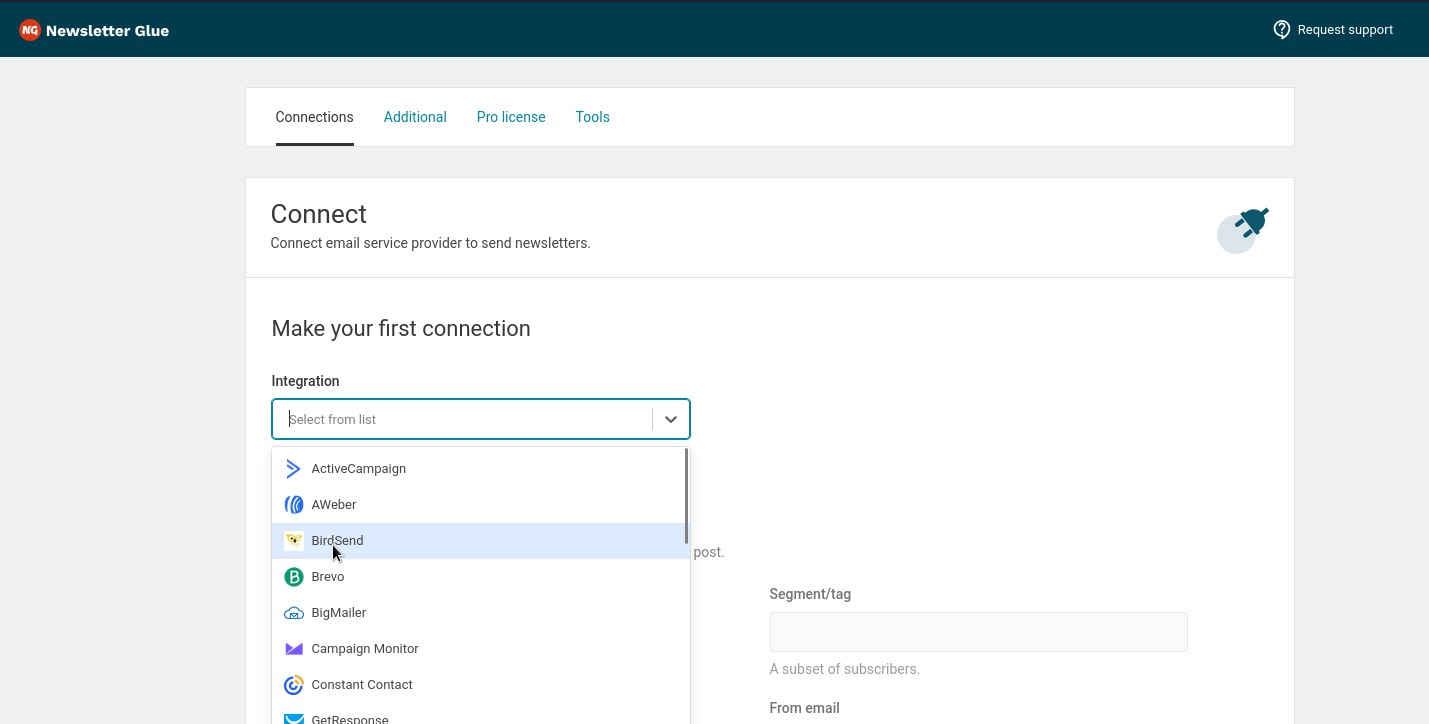 Selecting BirdSend from the list of connections